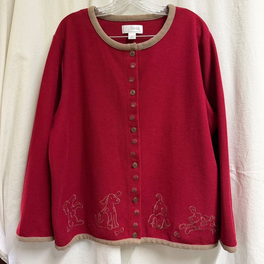 CJ Banks Red Playful Dog Embroidered Button Front Cardigan Sweater Plus Size 1X